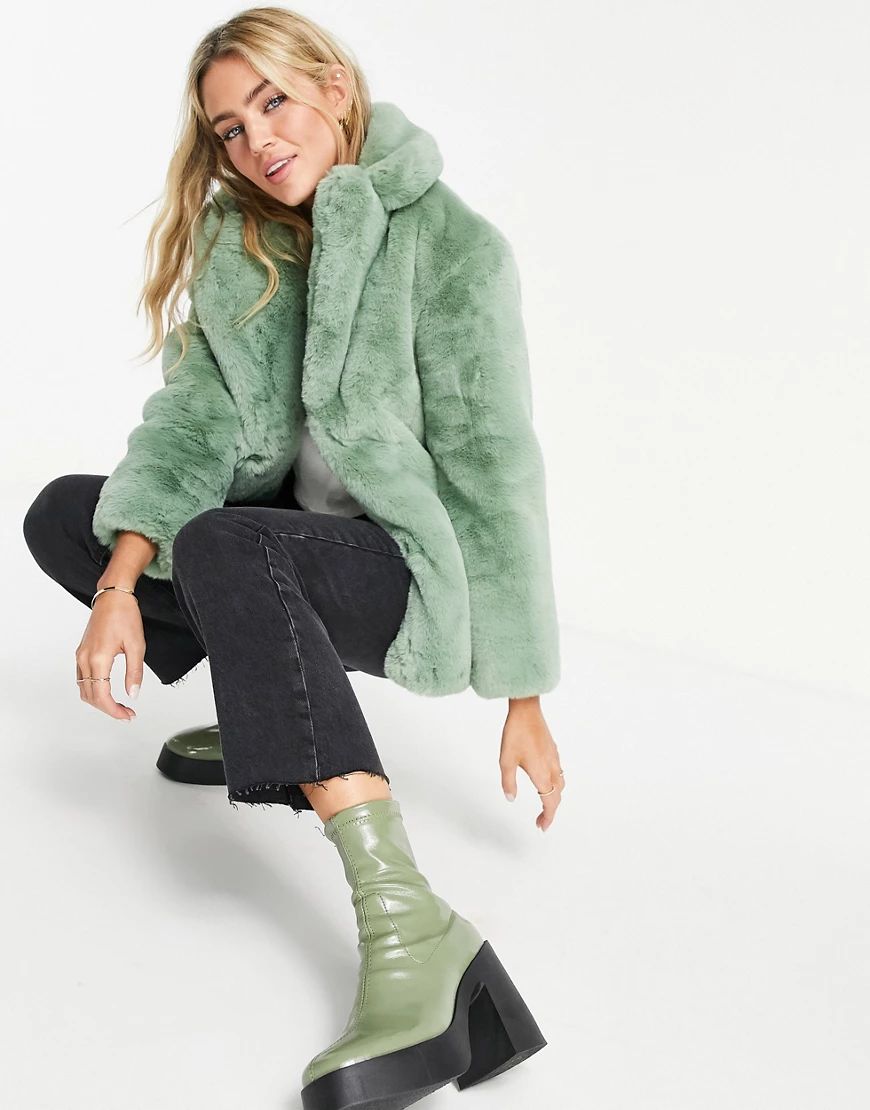 Topshop fluffy faux fur coat in sage-Green | ASOS (Global)