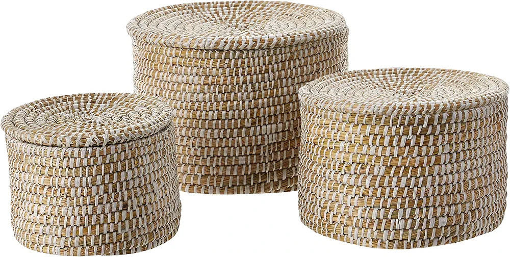 Creative Co-Op Whitewashed Woven Seagrass Baskets with Lids (Set of 3 Sizes) | Amazon (US)