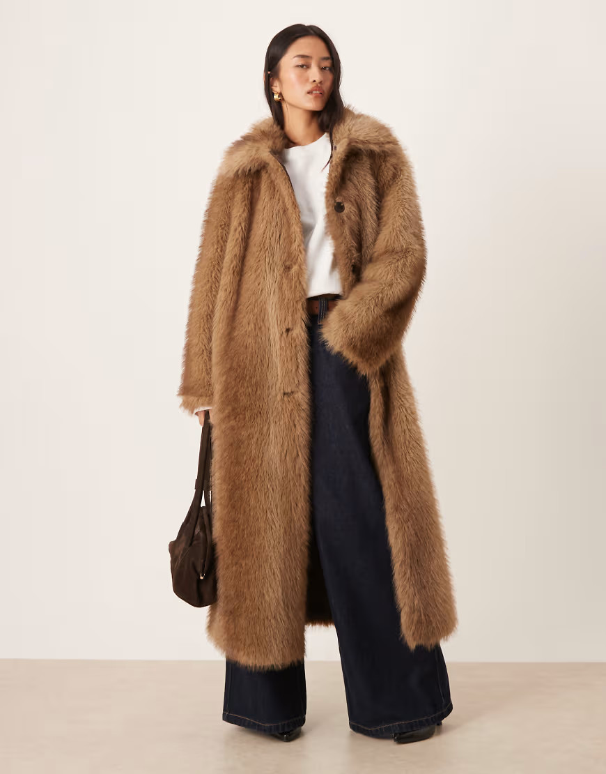 ASOS DESIGN longline tipped faux fur car coat in brown | ASOS (Global)
