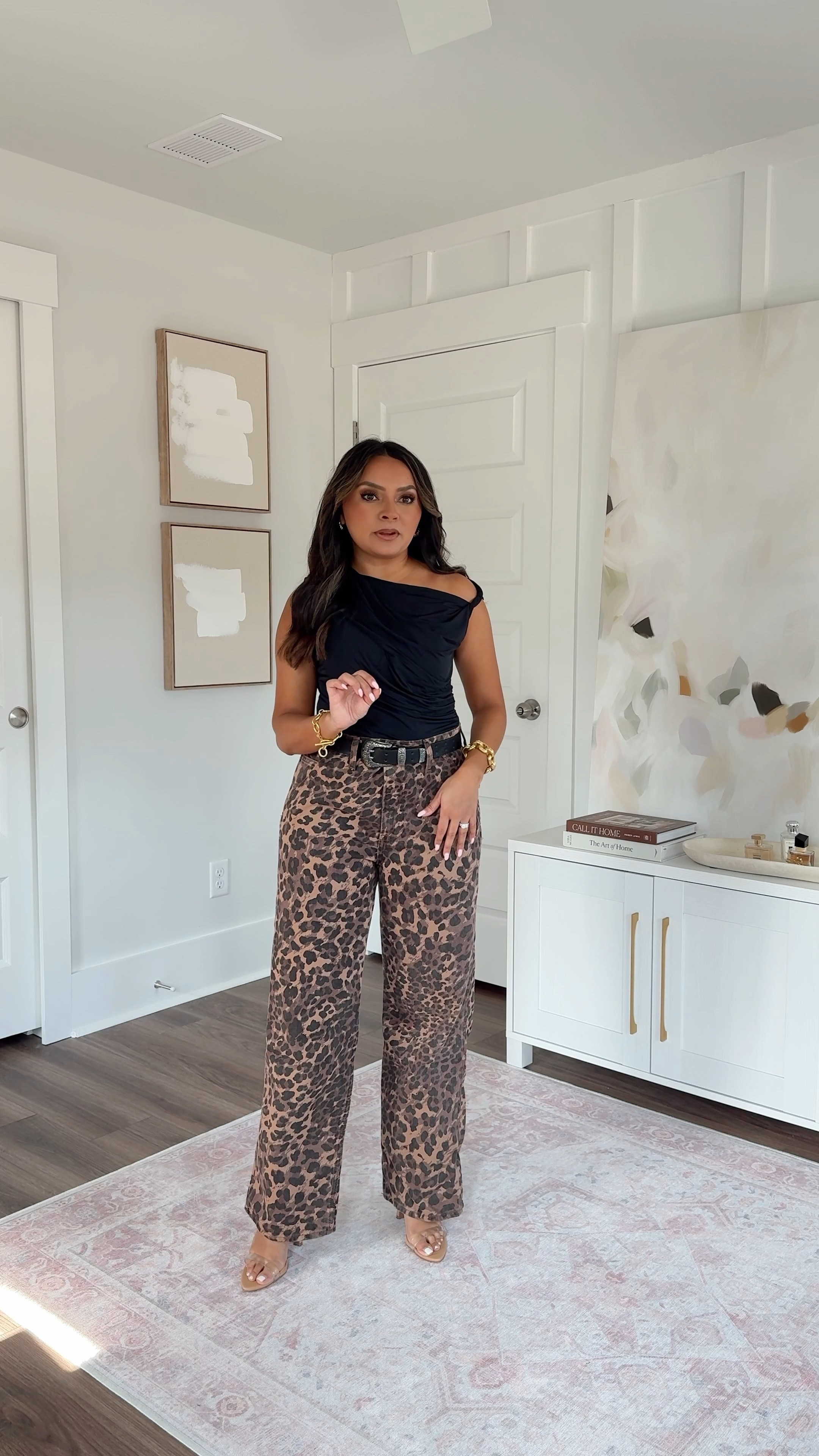 On sale plus an extra 15% off with code DENIMAF
For reference: I’m a 32b bra size and 2/26 in bottoms, pear shaped. 

Black top size xs TTS 
Leopard print jeans size 26 short TTS 
belt size xs TTS 
Clear heels size 5 TTS


#LTKStyleTip #LTKSaleAlert #LTKPetite