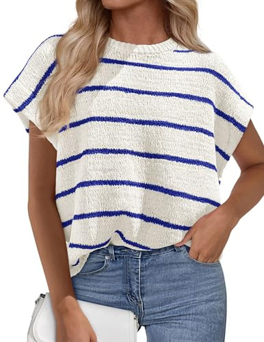 PRETTYGARDEN Womens Summer Short Sleeve Tops 2026 Trendy Crew Neck Striped Knit Sweater Business Casual Spring Clothes (Striped White Blue,Medium) | Amazon (US)