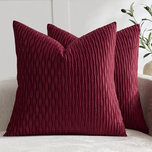 DEZENE Burgundy 16 x 16 Inch Throw Pillow Covers: Pack of 2 Inch Vertical Ripple Striped Velvet Square Decorative Pillow Cases for Farmhouse Couch Sofa Bed Living Room Home Decor | Amazon (US)