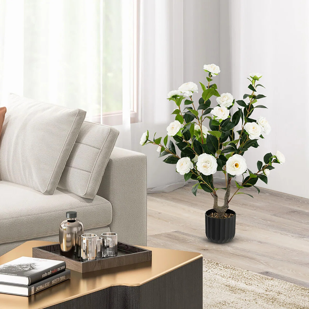 Primrue 38'' Artificial Camellia Tree Faux Floral Plant Fake Tree For Decoration White | Wayfair North America