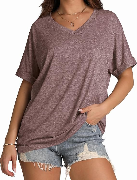 WIHOLL Womens Oversized Tshirts Summer Tops 2025 Short Sleeve V Neck Shirts Outfits Plus Size Clo... | Amazon (US)