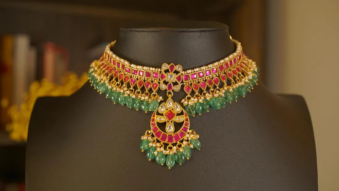 Traditional Kundan Jadau Choker Necklace with Ruby Red & Green Beads | Etsy (US)