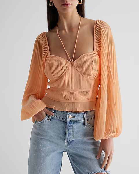 Pleated Halter Long Sleeve Top | Express