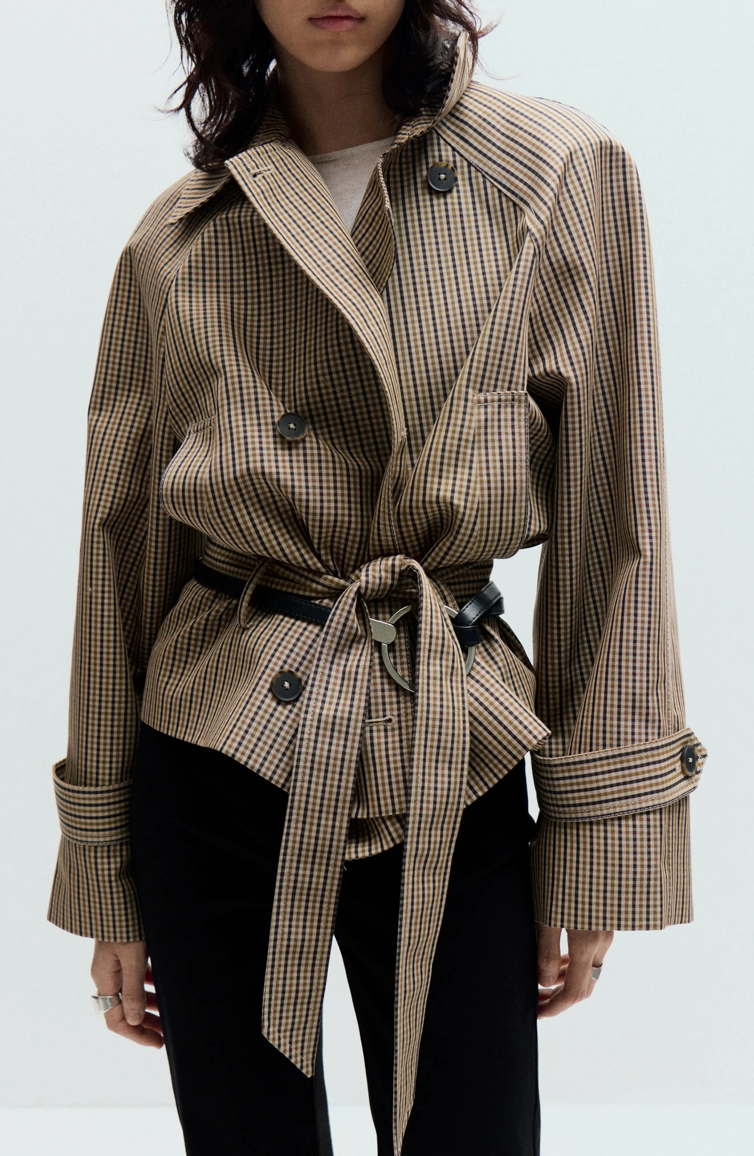MANGO Everest Plaid Belted Jacket in Beige at Nordstrom, Size X-Small | Nordstrom