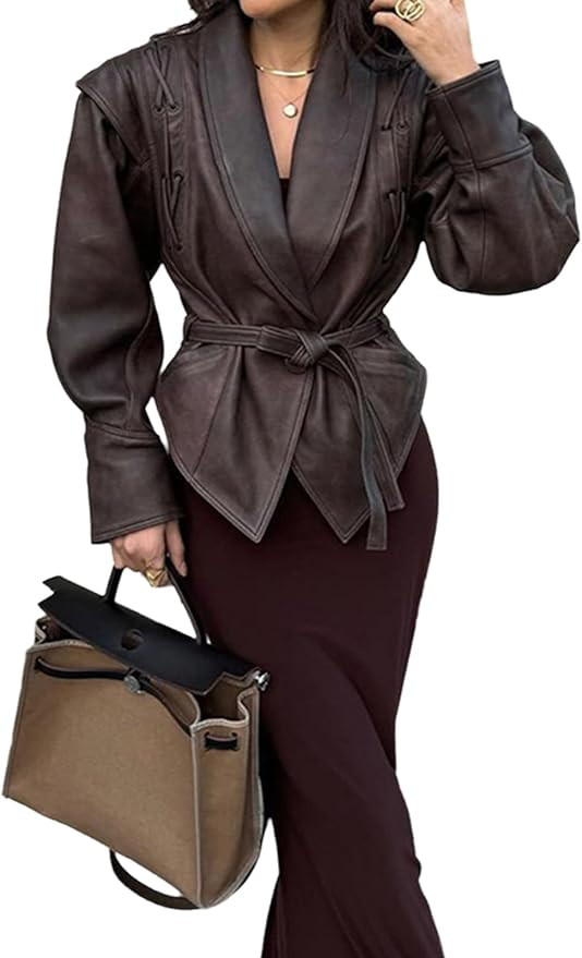 VOIKERDR Leather Jacket Women Vintage Oversized Brown Leather Jacket Top with Belt Fall Outfits f... | Amazon (US)