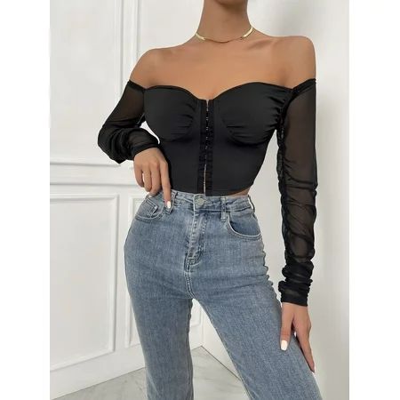 Women Sexy Corset Blouse Flared Long Sleeve Crop Tops Front Ruched Lace UP Tee Shirt Top Y2k Vintage | Walmart (US)