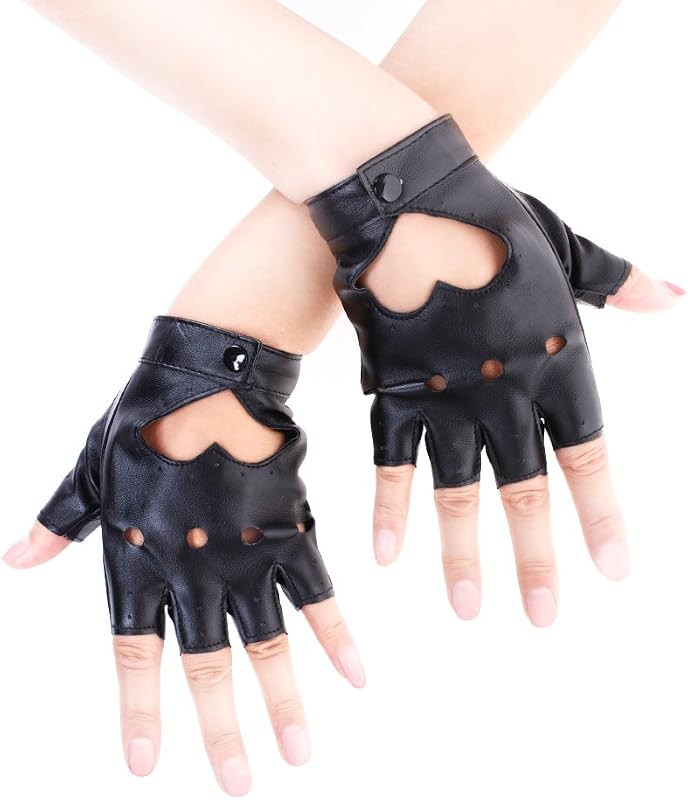 JISEN Women Heart Cutout Punk Half Finger PU Leather Performance Gloves | Amazon (US)