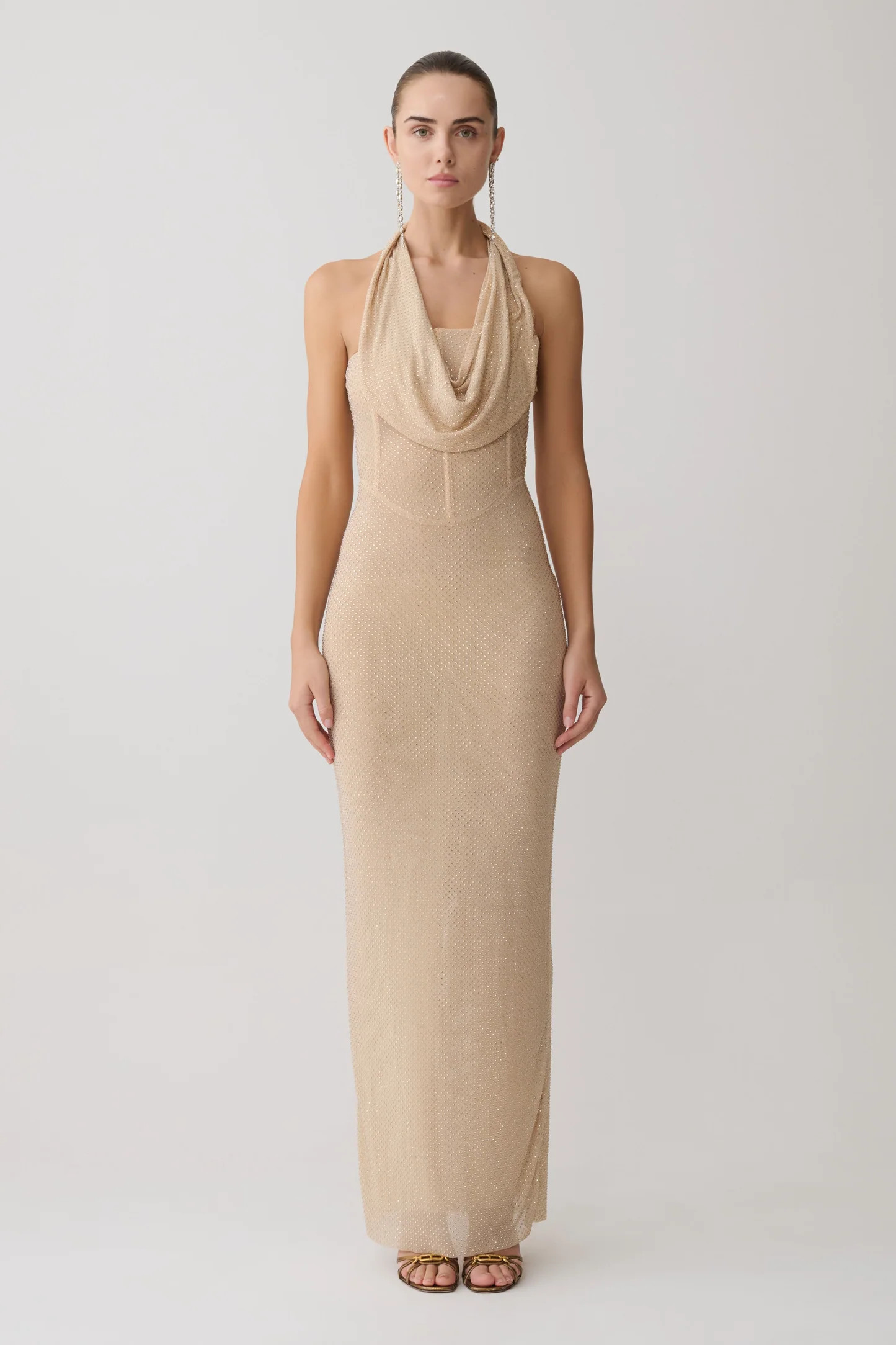 Phi Multi-Wear Cowl Diamante Maxi Dress - Gold | MESHKI US