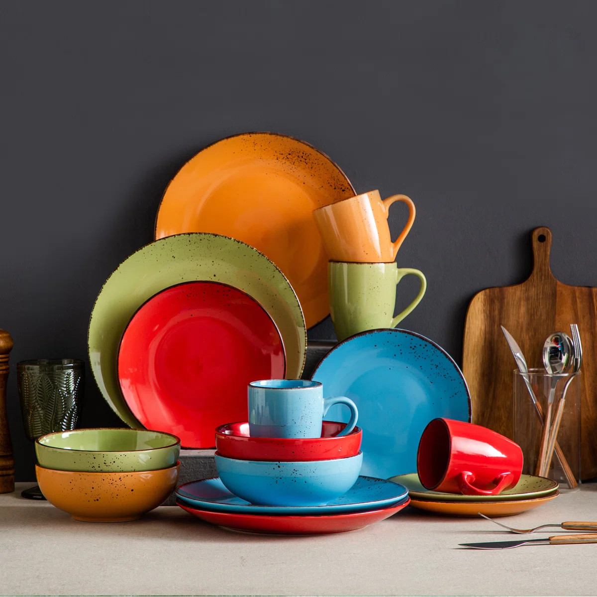 16-Piece Bright Dopamine Color Dinnerware Set for 4, Vibrant Ceramic Plates, Bowls & Mugs, Fun & ... | Wayfair North America
