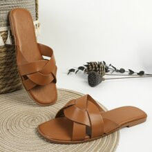 Elegant Brown Slide Sandals For Women, Braided Detail Flat Sandals | SHEIN