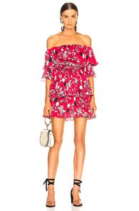 self-portrait Off Shoulder Pleated Floral Mini Dress in Red | FWRD 