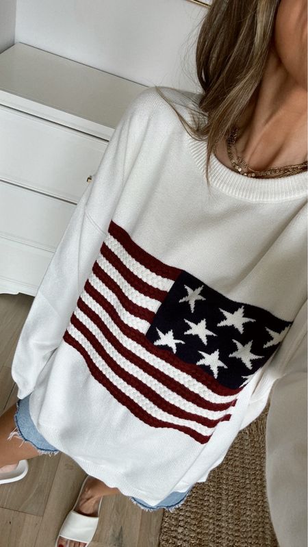 This American flag sweater 😍 so soft and so perfect. In a medium! Size 25 shorts  
4th of July sweater 

#LTKSeasonal #LTKFindsUnder50 #LTKStyleTip