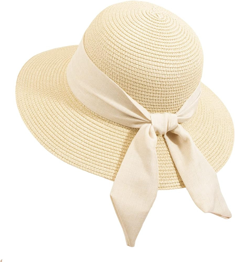 Women Sun Straw Hat Summer Beach Floppy Sun Protective Panama Hat Foldable Wide Brim | Amazon (US)