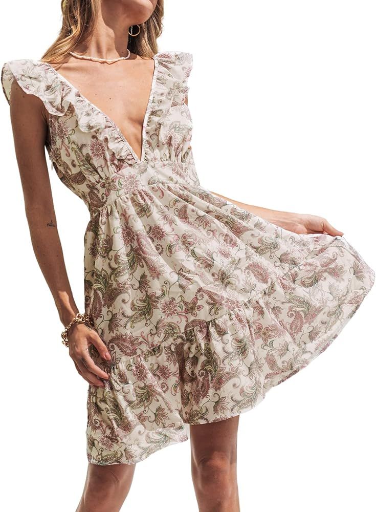 CUPSHE Women's Paisley Print A Line Dress Backless Sleeve Ruffled Flowy Mini Dress | Amazon (US)