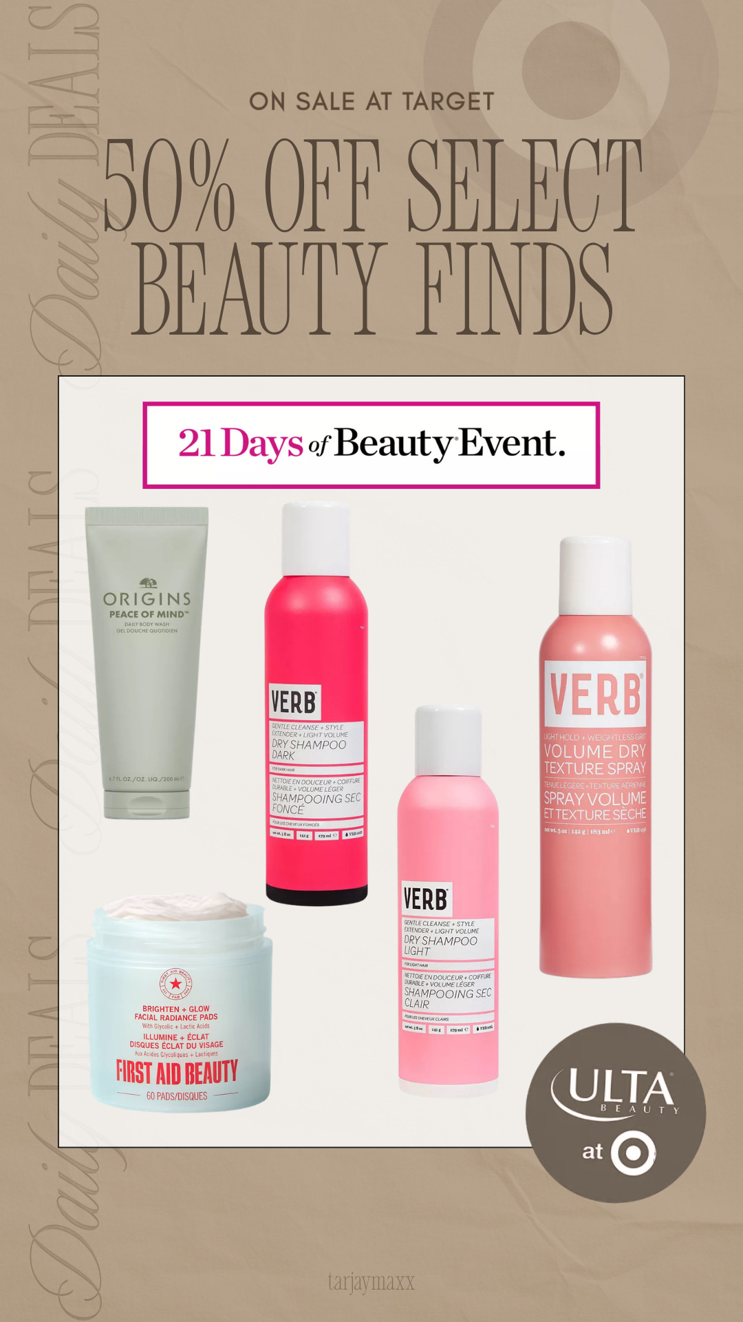 50% OFF select beauty at Target right now as part of the Ulta Beauty at Target 21 Days of Beauty Event. Today’s deal includes favorites from First Aid Beauty, Verb, and Origins — perfect time to restock skincare and haircare staples while they’re half off. 
date night outfits, spring outfits 2026, vacation outfits beach, easter basket stuffers, easter dress women, spring dresses, work outfits, st patricks day outfit women, business casual workwear, plus size fashion, beauty sale, target beauty deals, ulta beauty at target, skincare sale, haircare deals 

 #LTKmorningroutine #LTKselfcare #LTKBeauty