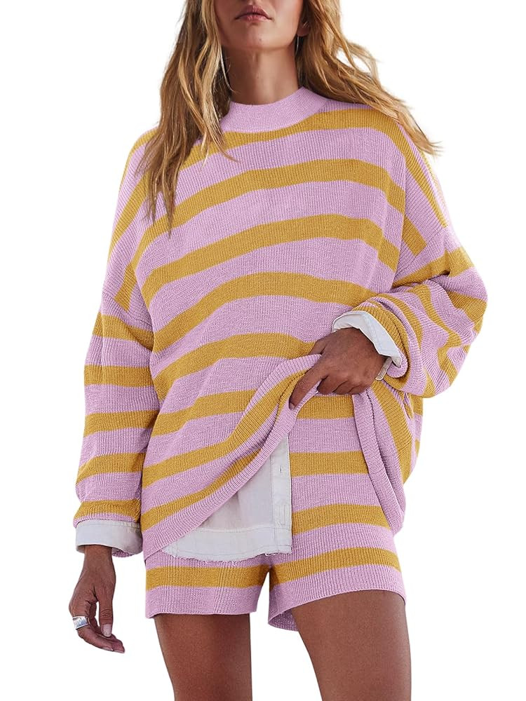 LAMISSCHE Womens Oversized Lounge Sets 2 Piece Outfits Striped Matching Pajama Set Long Sleeve Sw... | Amazon (US)