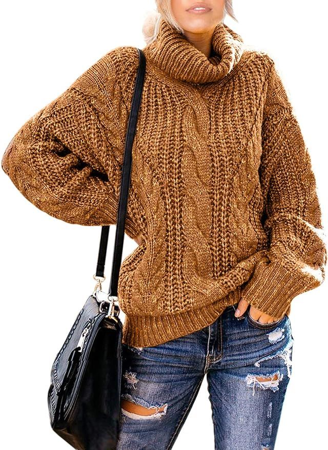 FARYSAYS Women's Casual Turtleneck Long Sleeve Loose Chunky Cable Knit Pullover Sweater Outerwear | Amazon (US)