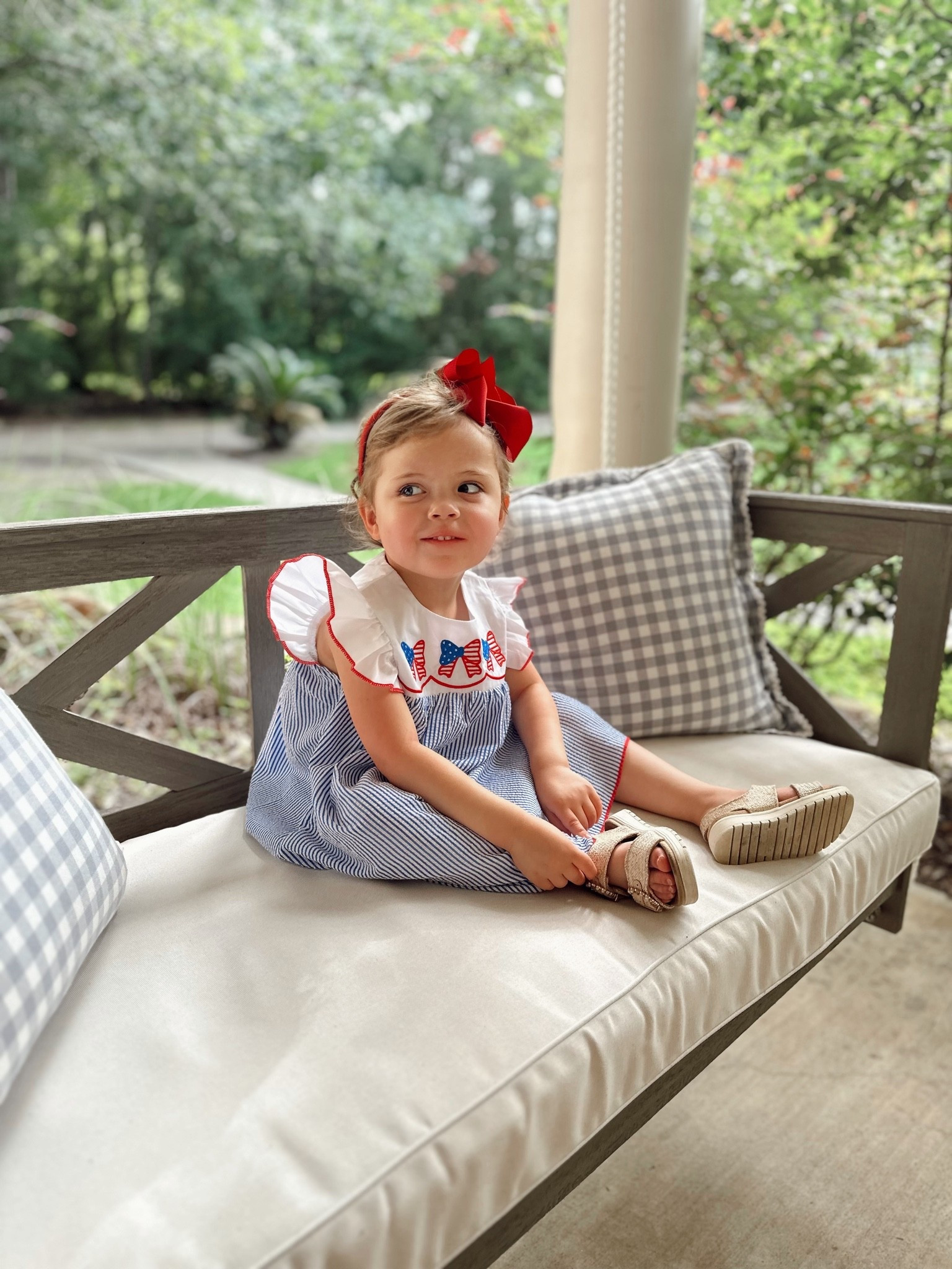 Memorial Day 
Fourth of July toddler dress 
Toddler girl sandals
Porch swing 
Walmart finds 
Amazon finds