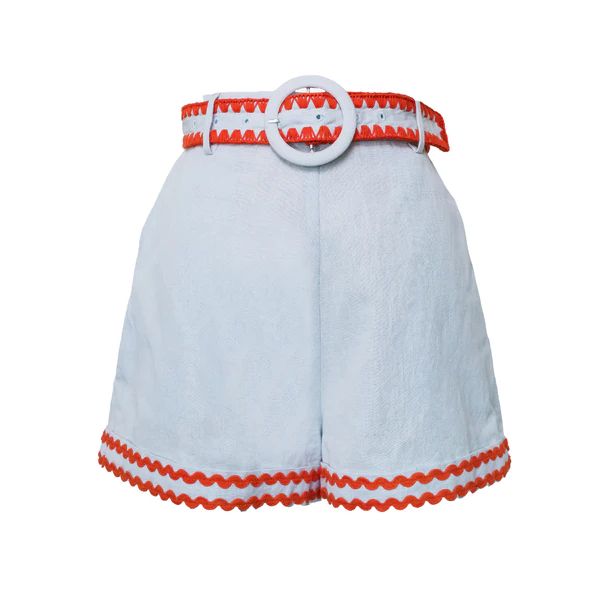 Belted Shorts, Sky Blue Linen with Red Ric Rac | The Avenue