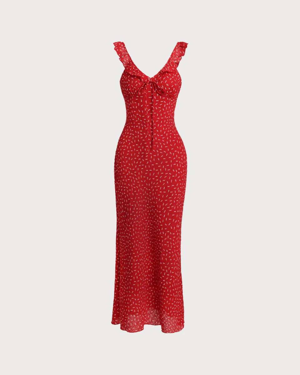 Red Floral V Neck Ruffle Maxi Dress | rihoas.com