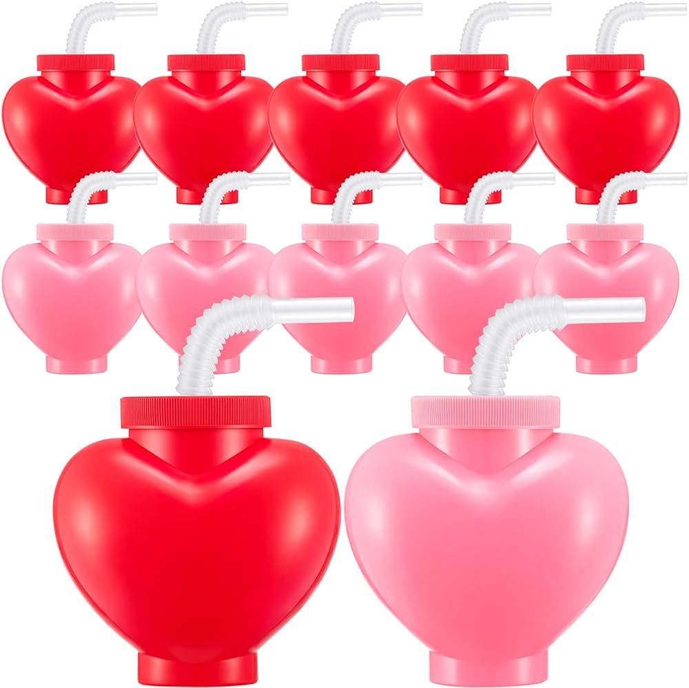 Amyhill 12 Pcs Valentine's Day Heart Shaped Cups with Lids and Straws 12 oz Plastic Heart Cups fo... | Amazon (US)