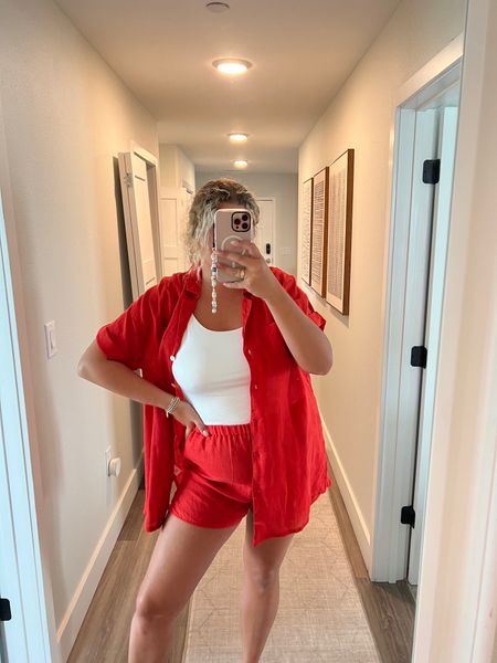 Red matching set, Vitamin a set, shorts and button-up set 4th of July Outfit, summer outfit, beach outfit, vacation outfit, midsize outfit, 

#LTKtravel #LTKSeasonal #LTKstyletip