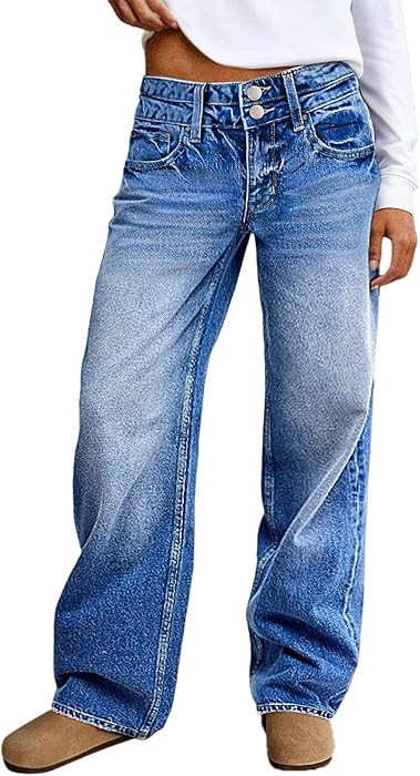 Flamingals Baggy Jeans for Women Straight Leg Mid Rise Stretchy Double Button Wash Casual Boyfrie... | Amazon (US)