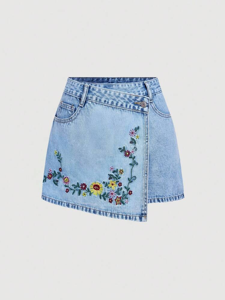 SHEIN MOD Women Floral Embroidery Asymmetric Denim Skort | SHEIN