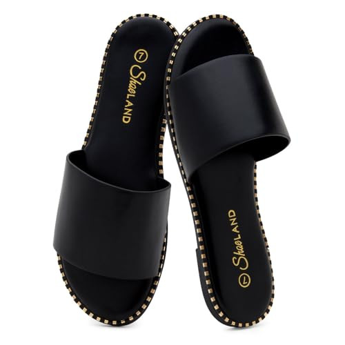 Shoe Land Flat Sandals for Women – Slip-On Slides with Cushioned Footbed | Comfortable Dressy & Casual Open Toe Summer Sandals for Beach, Travel & Everyday Wear, Black, Size 7.0, Carlena | Amazon (US)