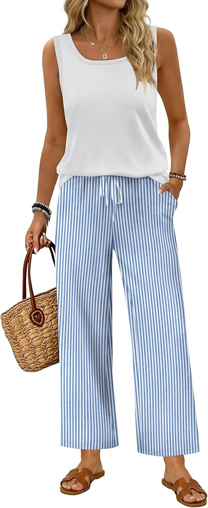WIHOLL Two Piece Sets for Women Summer Spring Outfits Tank Square Neck Sleeveless Travel Vacation... | Amazon (US)