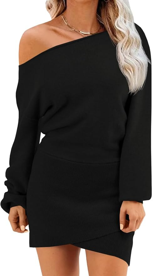Wenrine Women's Off The Shoulder Sweater Dress 2025 Fall Winter Casual Long Sleeve Knit Slim Fit ... | Amazon (US)