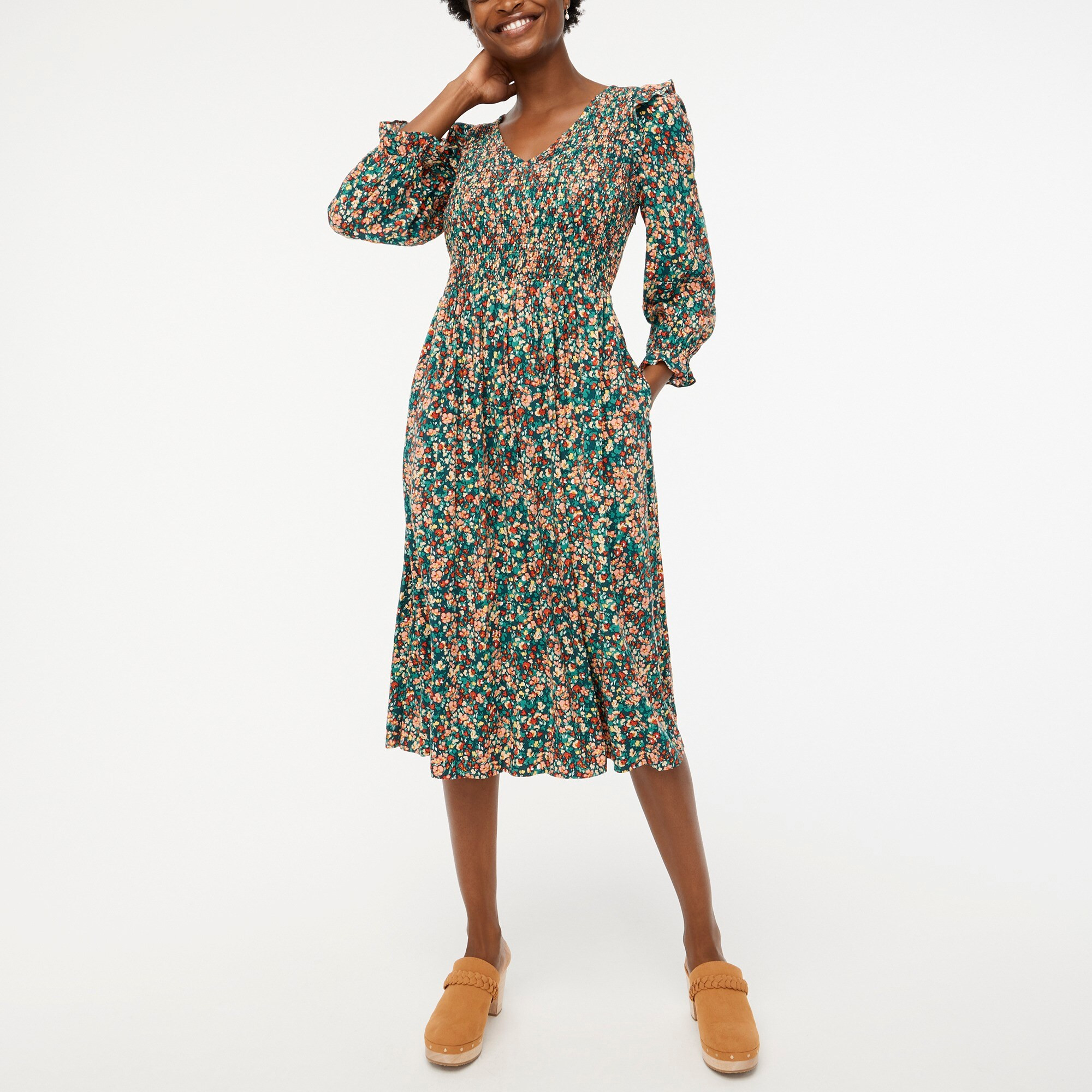 V-neck smocked midi dress | J.Crew Factory