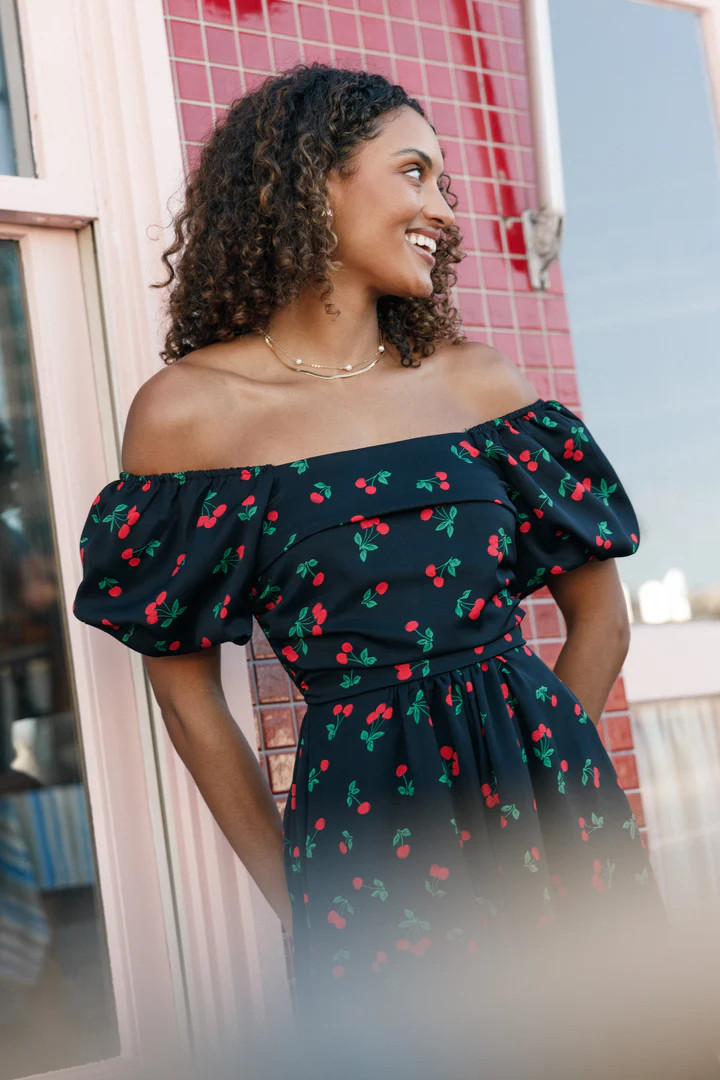 Chlo Puff Sleeve Midi Dress - Cherry Print | Petal & Pup (US)
