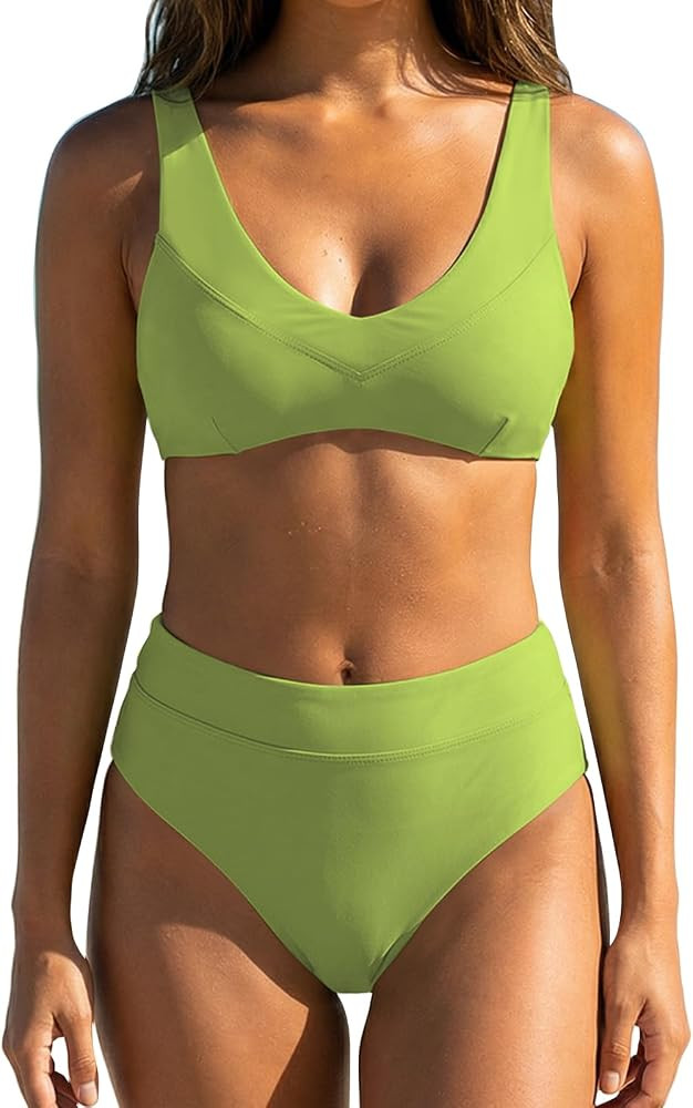 MIKETAI Women's Mid Rise V Neck Bikini Set Solid Self Tie Straps Swimsuit | Amazon (US)