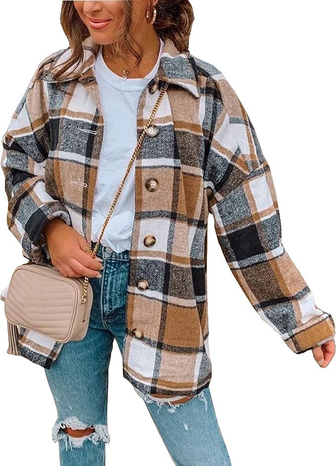Hixiaohe Women's Casual Wool Blend Plaid Shirt Jacket Loose Button Down Shacket Coat | Amazon (US)