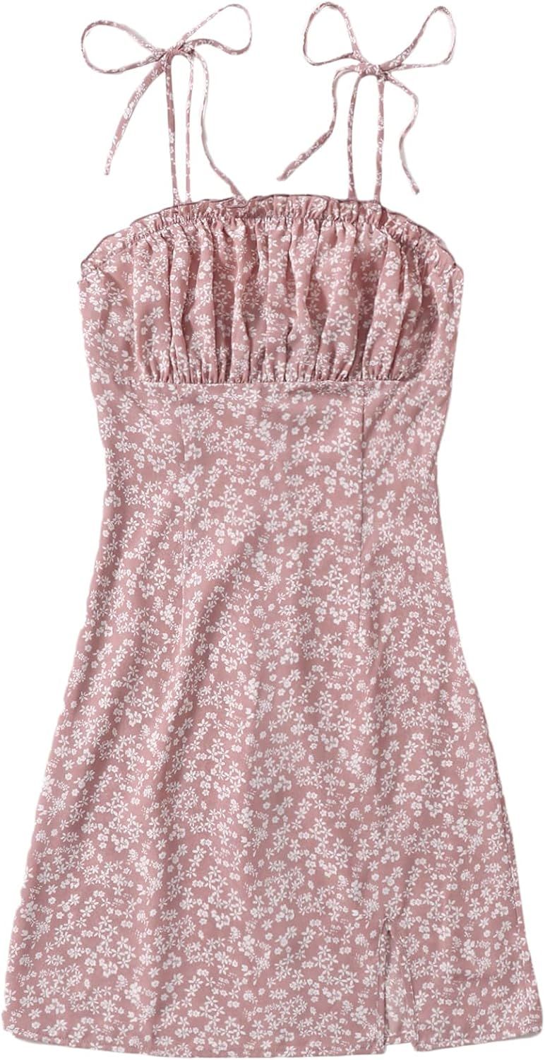 SheIn Women's Floral Ruched Bodycon Mini Dress Split Tie Shoulder Slit Sleeveless Dresses | Amazon (US)
