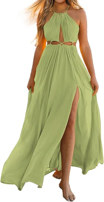BTFBM Women 2023 Summer Sleeveless Cutout Halter Maxi Dress Backless Boho Casual Beach Party Cock... | Amazon (US)