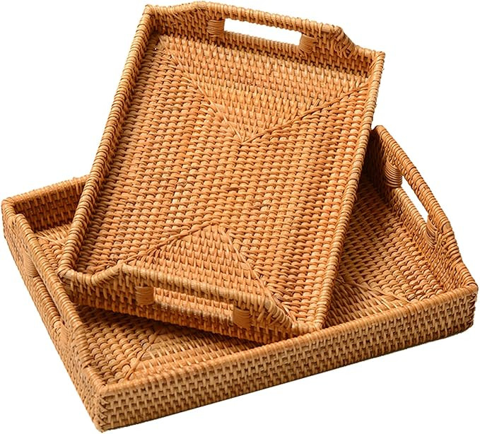 I-lan 2 Pack Rattan Rectangle Serving Basket Tray with Handle- 15"x10.6"x 2" Woven Decorative Bas... | Amazon (US)