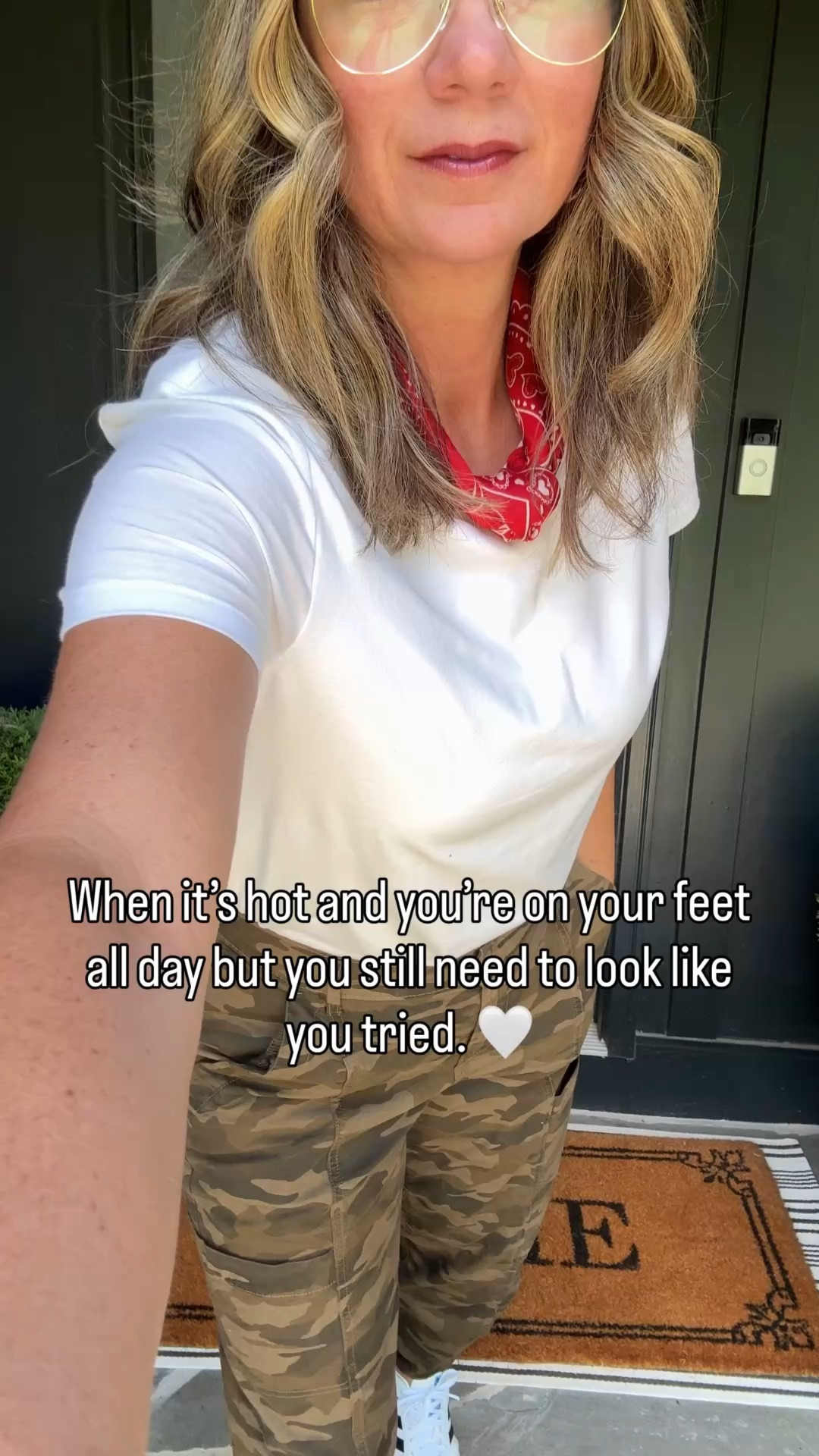 When it’s hot and you’re on your feet all day but you still need to look like you tried. 🤍 Camo joggers from American Eagle, Target tee, red scarf and Sambas — comfortable, cool and styled all at once. Old Chloe bag- Tap to shop all the links! 🤍

#LTKootd #LTKWorkwear #LTKOver40