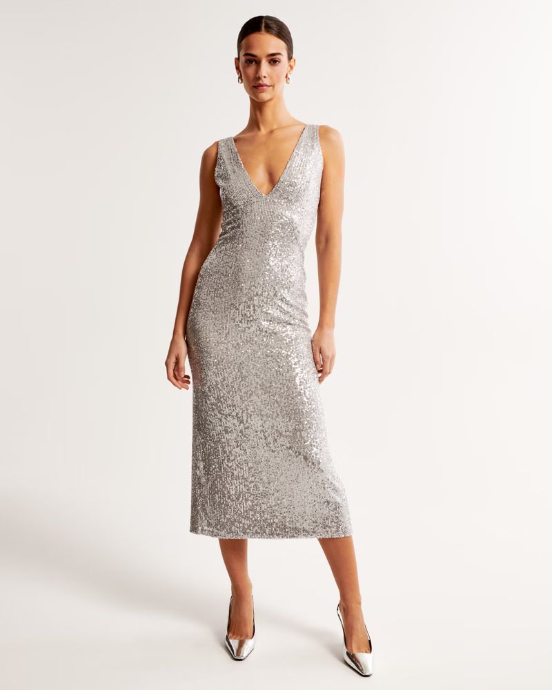 Women's Sequin Plunge Midi Dress | Women's New Arrivals | Abercrombie.com | Abercrombie & Fitch (US)
