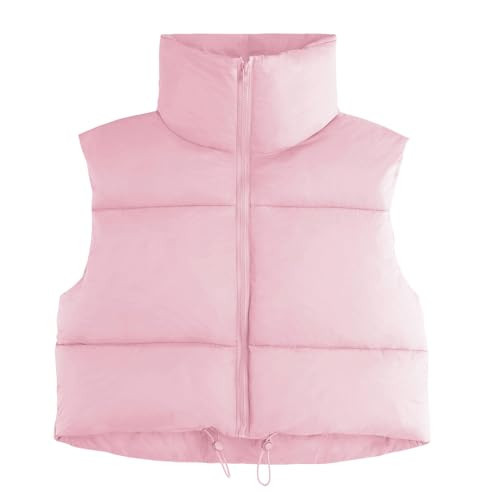 Women's Cropped Puffer Vest Winter Outfits Crop Jackets for Women Full Zip Stand Collar Padded Lightweight Outwear Vest Y2K Tops Pink Small | Amazon (US)