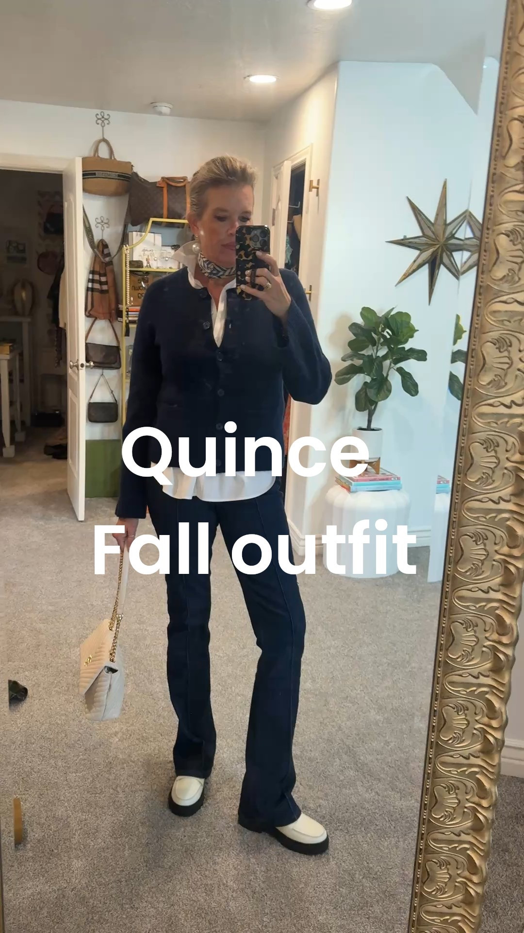 🚨 promo codes

Quince fall outfit Inspo 

white/Navy combo

The navy  Fall Mongolian cashmere sweater button up cardigan with slight peplum you’ll wear on repeat✔️

I don’t know how Quince makes such high quality Cashmere & knit wear at such affordable prices! 
Fits tts  I am in a med 

Quince white leather platform loafers! So good and affordable comfortable and fit tts 

🚨Use code  INFG-25DARCY10  
New customers will receive 10% off their first purchase 

My Go to fall basics 
A Chicos white no iron button up
Tts is a size 0

Spanx dark denim with front seam detail and a slight flare 
Tts in a med 
🚨Use code Deardarcyxspanx to save 10% 

White quilted & gold Catherine H bag

gold jewelry ball stuff earring lisi lurch 

Blue and white scarf 

#LTKOver40 #LTKWorkwear #LTKStyleTip