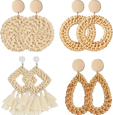 4 Pairs Rattan Earrings Lightweight Geometric Tassel Woven Bohemian Earrings Handmade Straw Wicke... | Amazon (US)