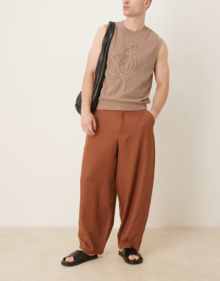 ASOS DESIGN barrel leg pants in brown crosshatch | ASOS (Global)