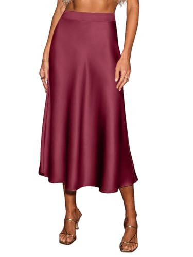 CUPSHE Women's Satin Skirt Flowy A Line Cocktail Party Wedding High Waist Long Midi Skirts Fall Summer Vacation Outfits Wine M | Amazon (US)