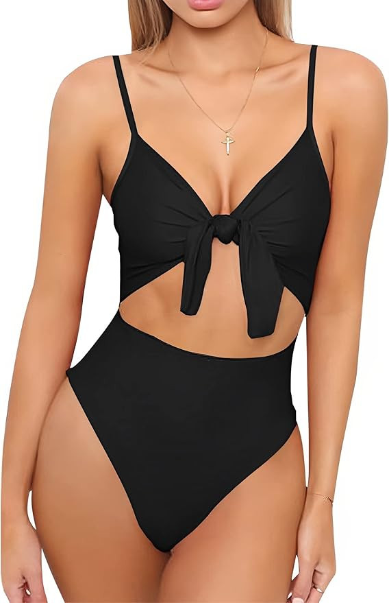 Qearal Womens Strappy One Piece Swimsuits Tie Knot Front Bathing Suits Cut Out Monokini Swimwear | Amazon (US)