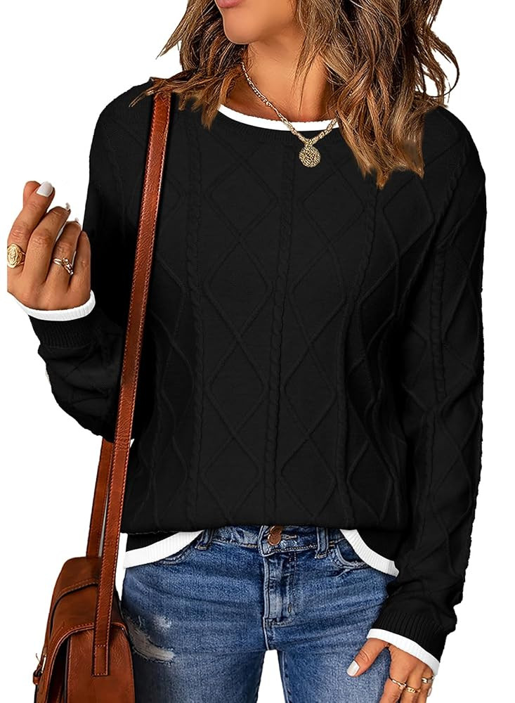 EVALESS Womens Sweaters Long Sleeve Crewneck Color Block Pullover Tops 2025 Fall Trendy Cable Kni... | Amazon (US)